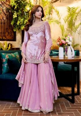 Pink Embroidery Blended Kurta Set