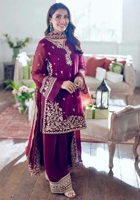 Wine Embroidery Blended Kurta Set