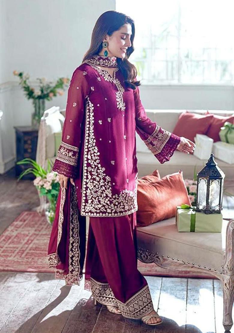 Wine Embroidery Blended Kurta Set - Indya