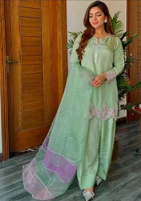 Green Embroidery Blended Kurta Set