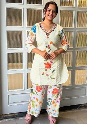 Off White Embroidery Blended Kurta Set