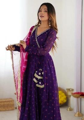 Blue Printed Blended Kurta Set