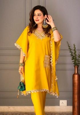 Yellow Solid Blended Kurta Set
