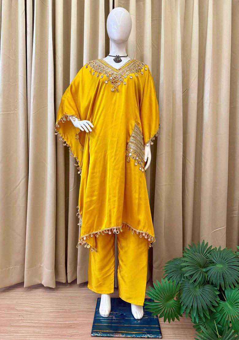 Yellow Solid Blended Kurta Set - Indya
