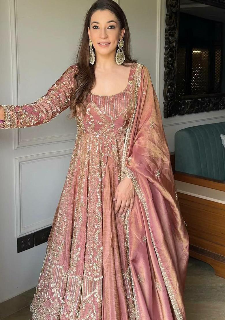 Pink Embroidery Blended Kurta Set - Indya