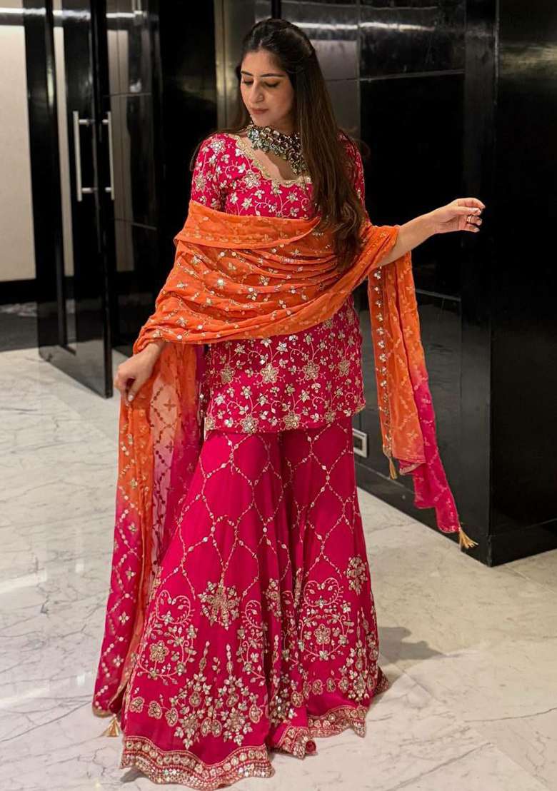 Red Embroidered Blended Sharara Set - Indya