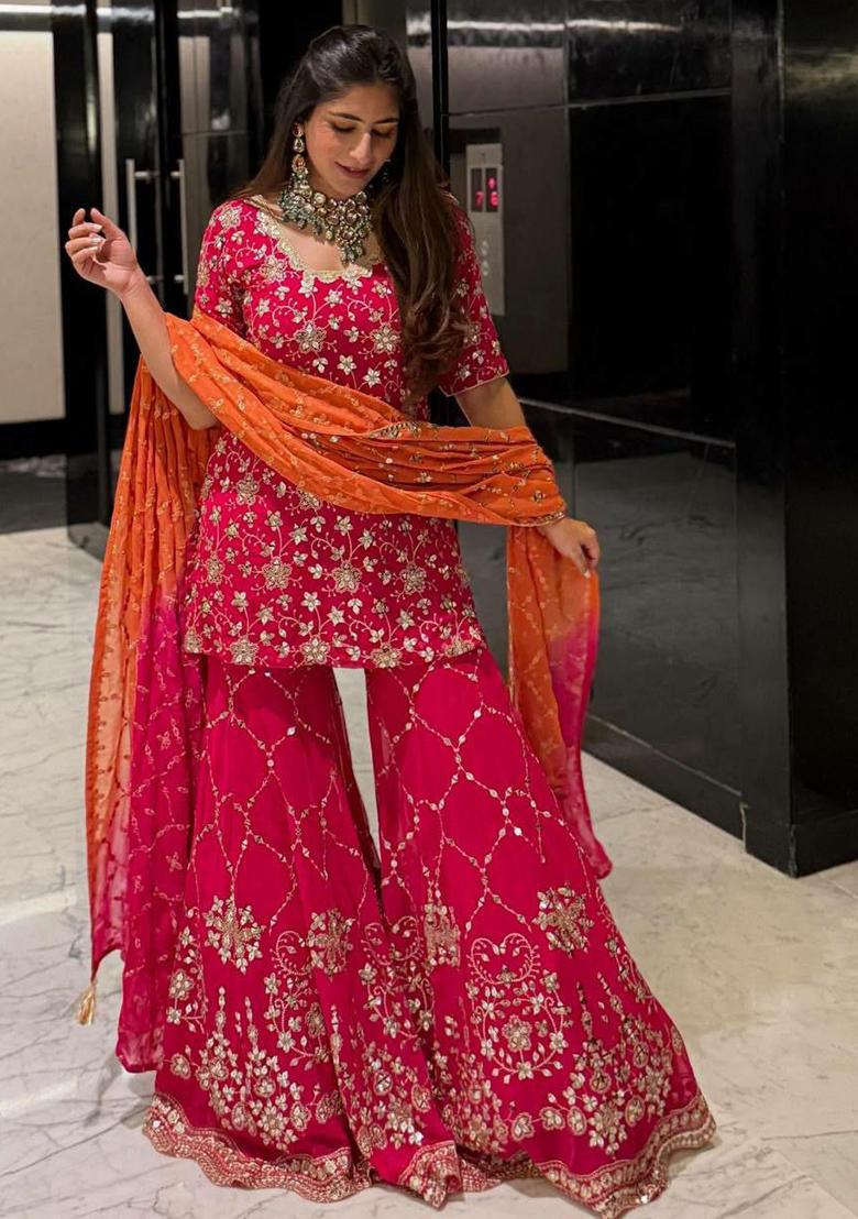 Red Embroidery Blended Kurta Set - Indya