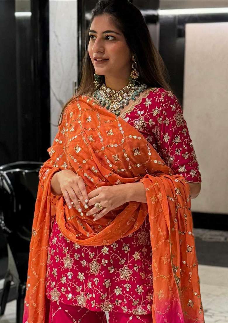 Red Embroidered Blended Sharara Set - Indya