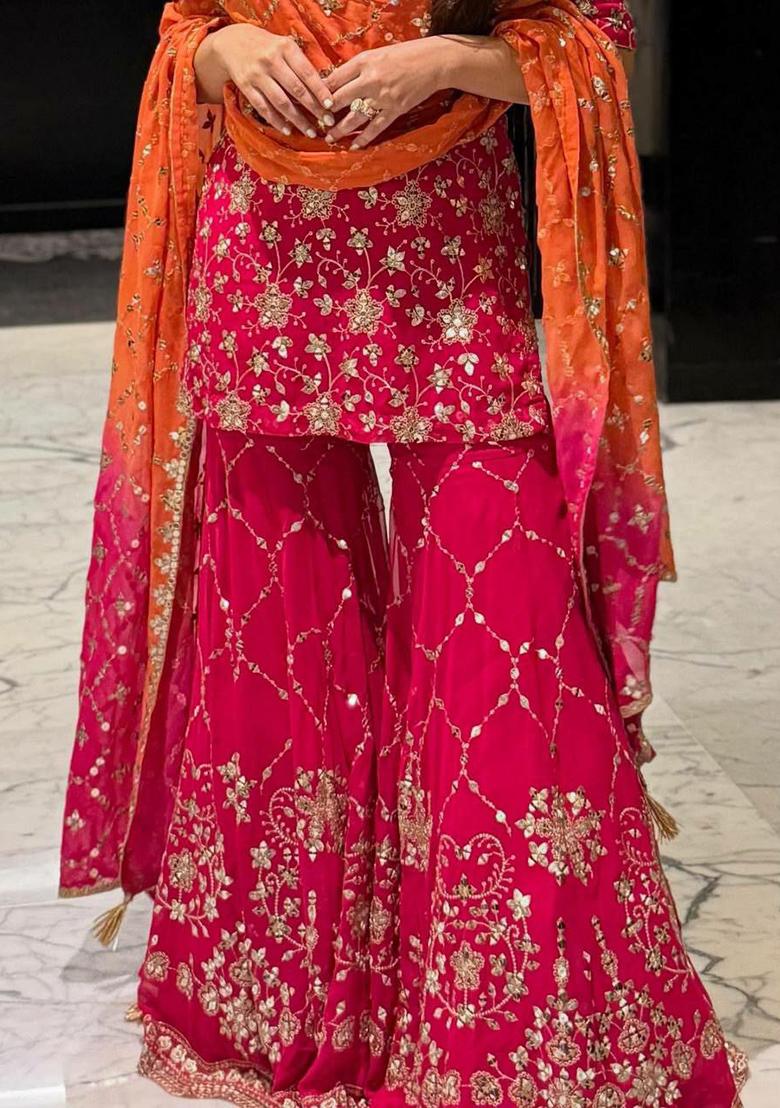 Red Embroidery Blended Kurta Set - Indya