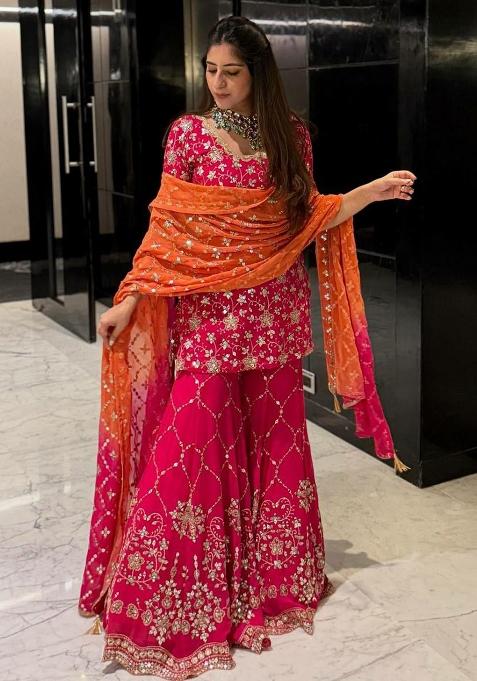 Red Embroidery Blended Kurta Set