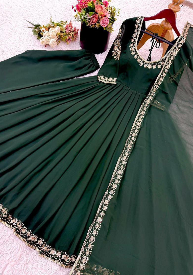 Green Solid Blended Kurta Set - Indya