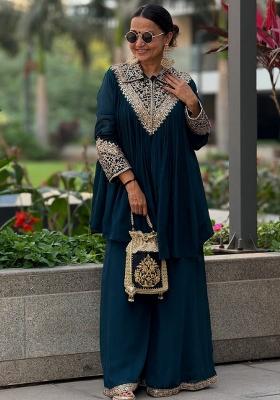 Blue Embroidery Blended Kurta Set