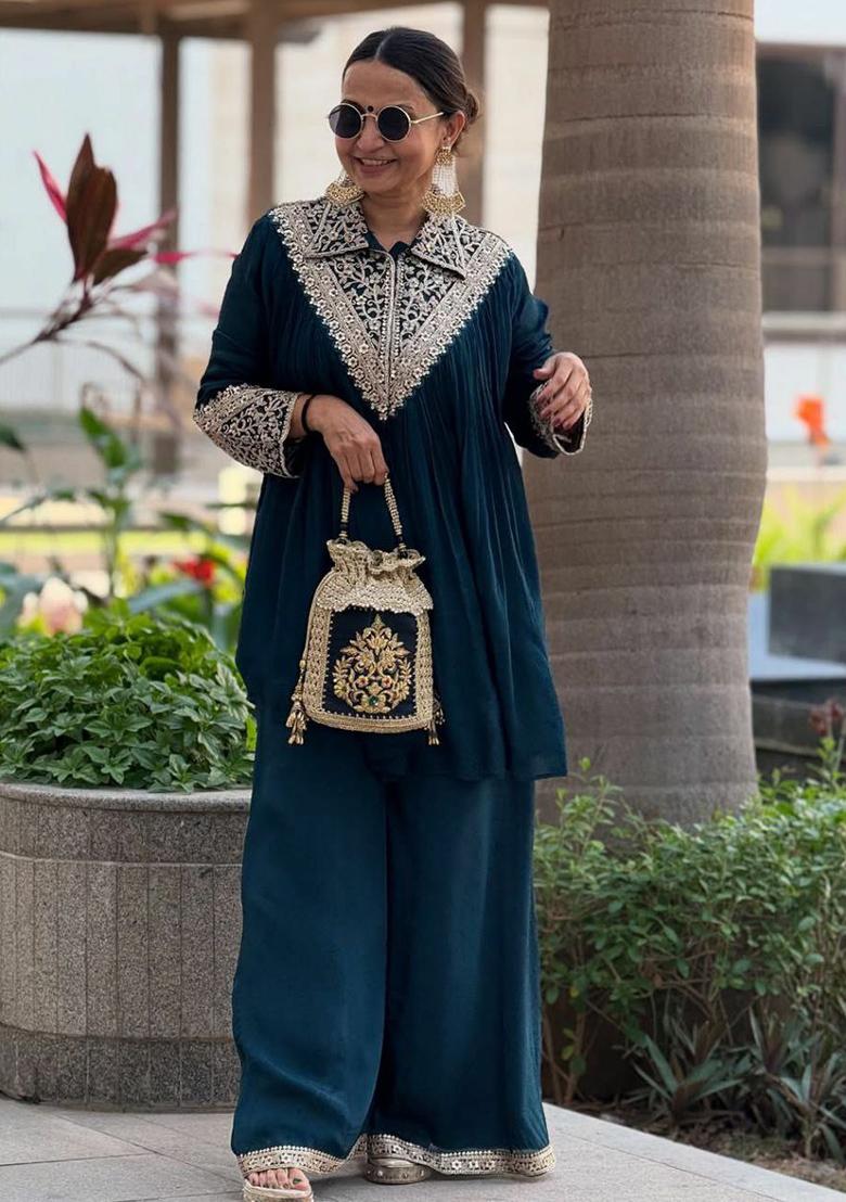 Blue Embroidery Blended Kurta Set - Indya