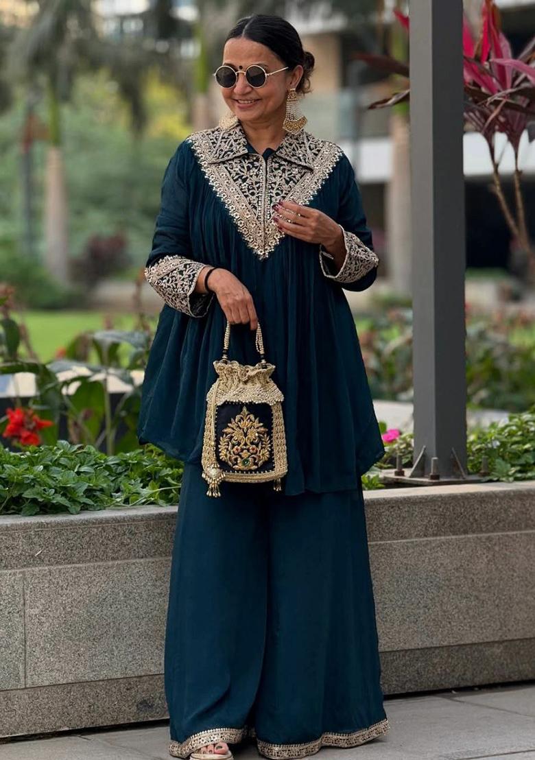 Blue Embroidery Blended Kurta Set - Indya