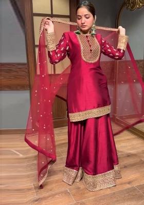 Red Embroidery Blended Kurta Set