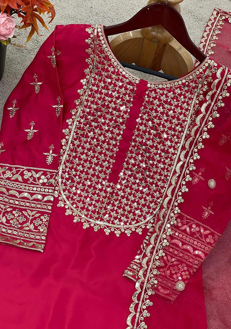 Red Embroidery Blended Kurta Set - Indya