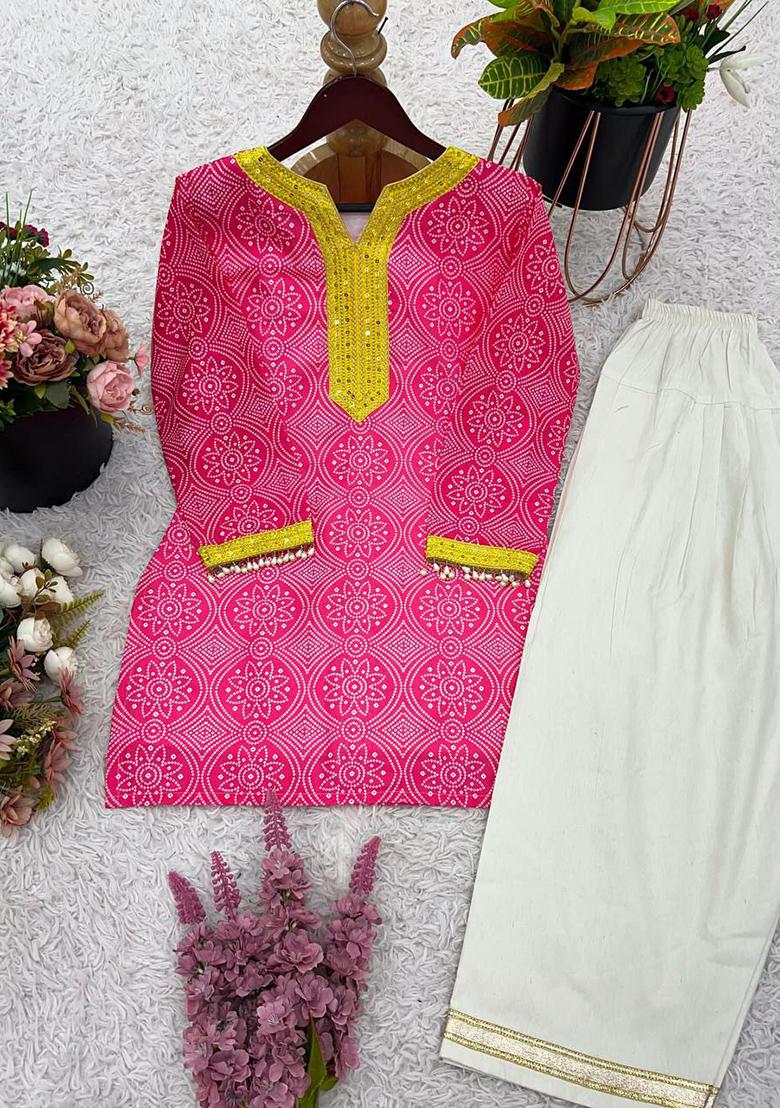 Pink Printed Blended Kurta Set - Indya