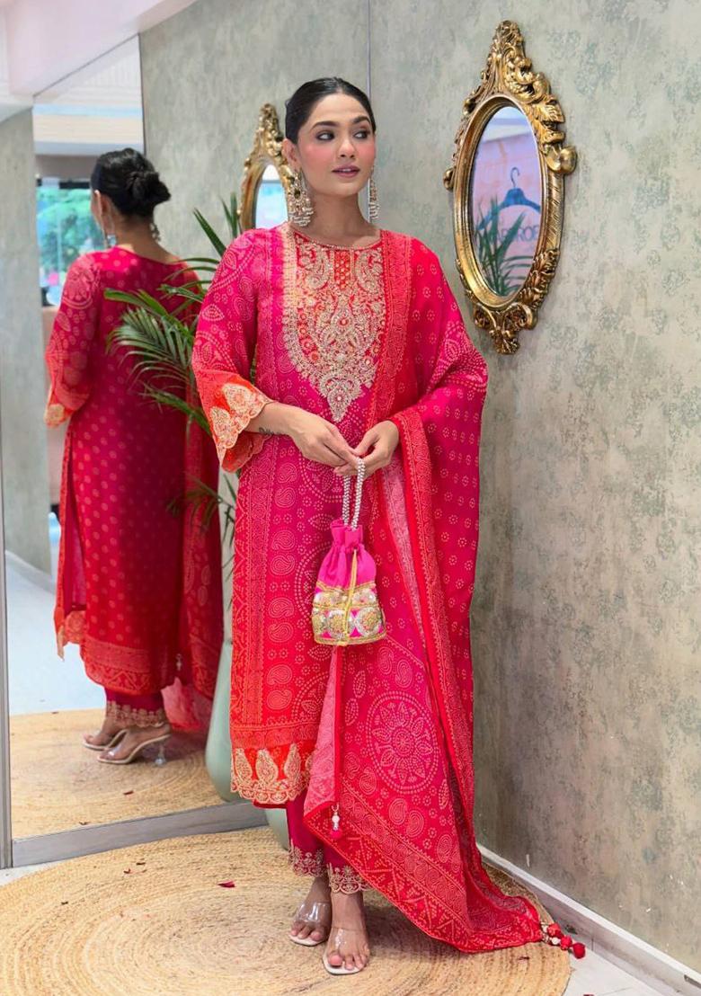 Red Printed Blended Kurta Set - Indya