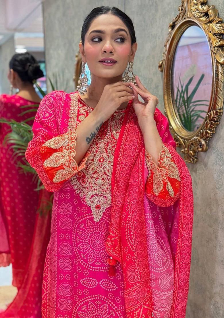 Red Printed Blended Kurta Set - Indya