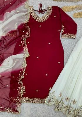 Maroon Embroidery Blended Kurta Set