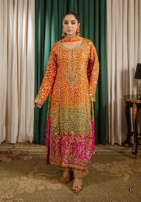 Orange Printed Blended Kurta Set