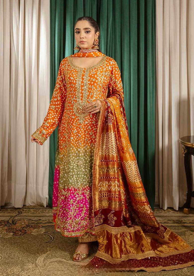 Orange Printed Blended Kurta Set - Indya