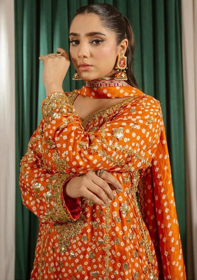 Orange Printed Blended Kurta Set - Indya