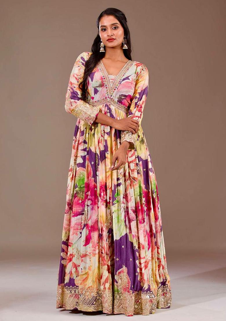 Purple Printed Blended Kurta Set - Indya