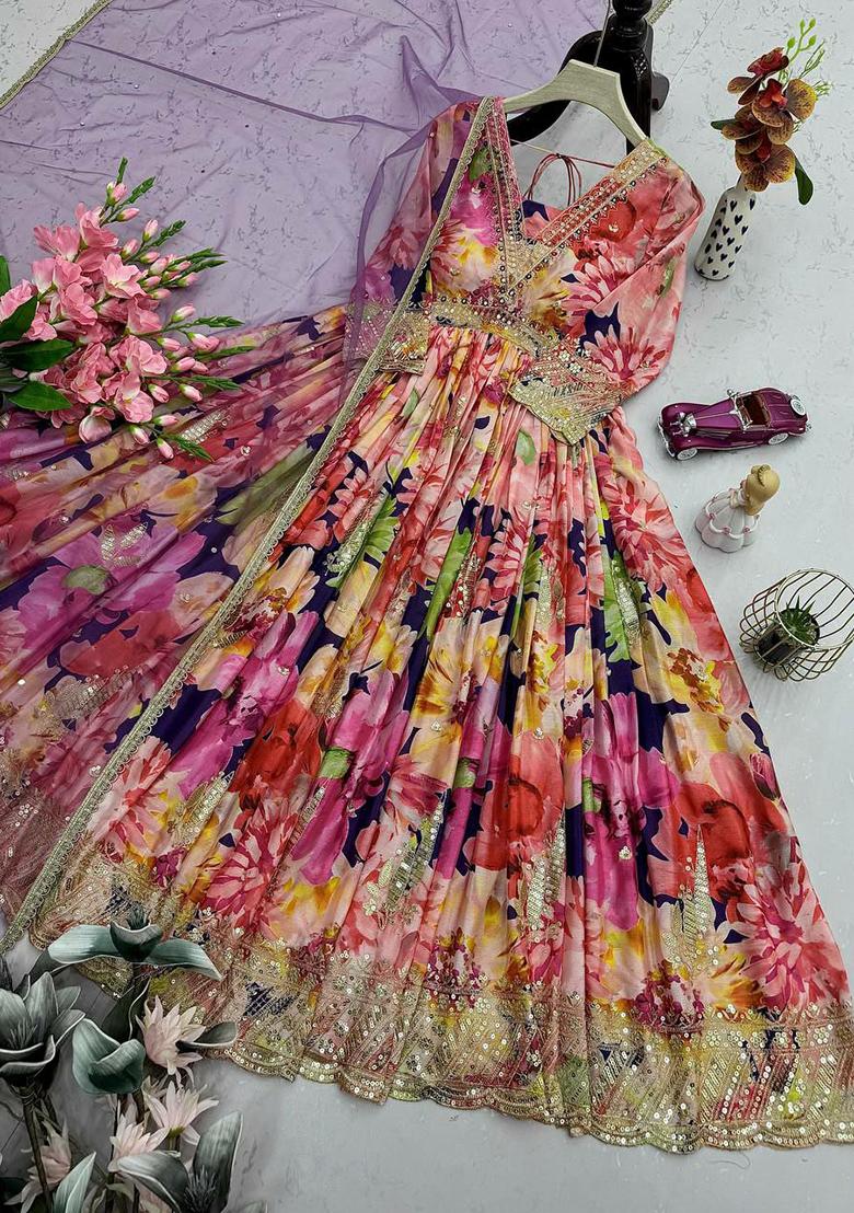 Purple Printed Blended Kurta Set - Indya