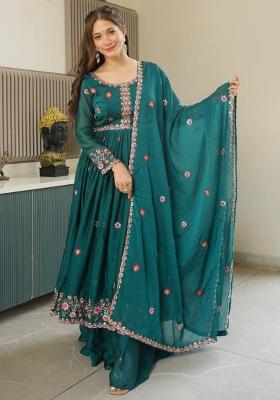 Green Embroidery Blended Kurta Set