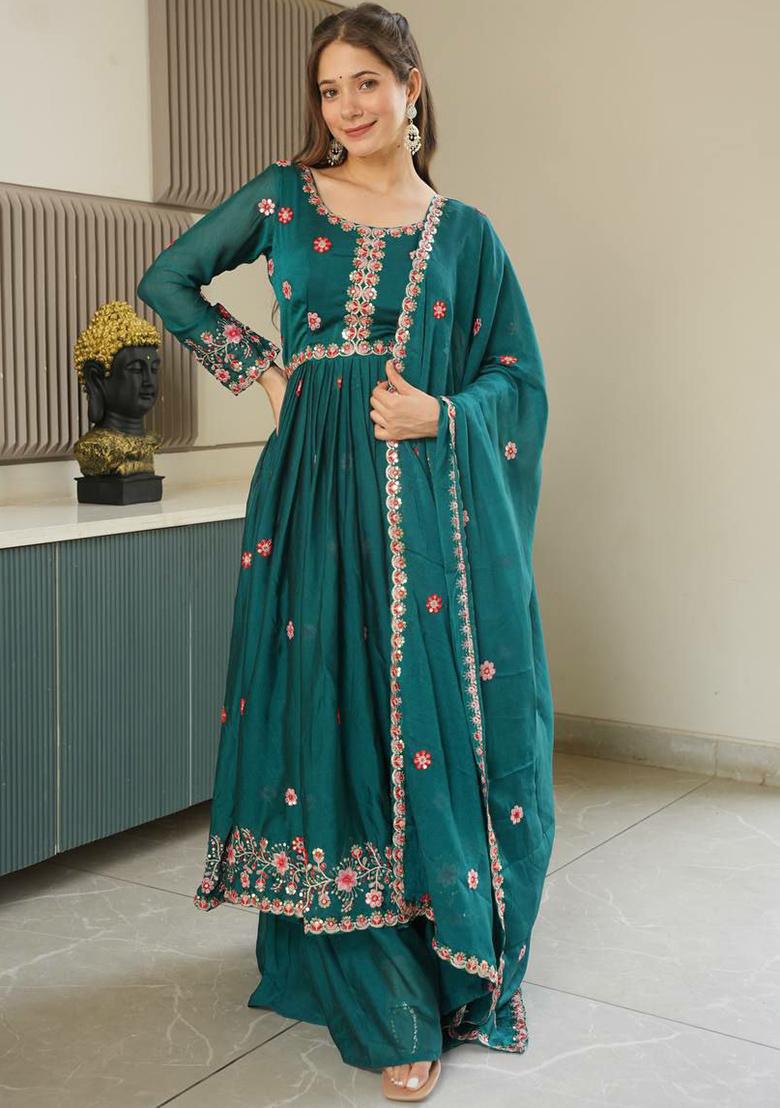 Green Embroidery Blended Kurta Set - Indya