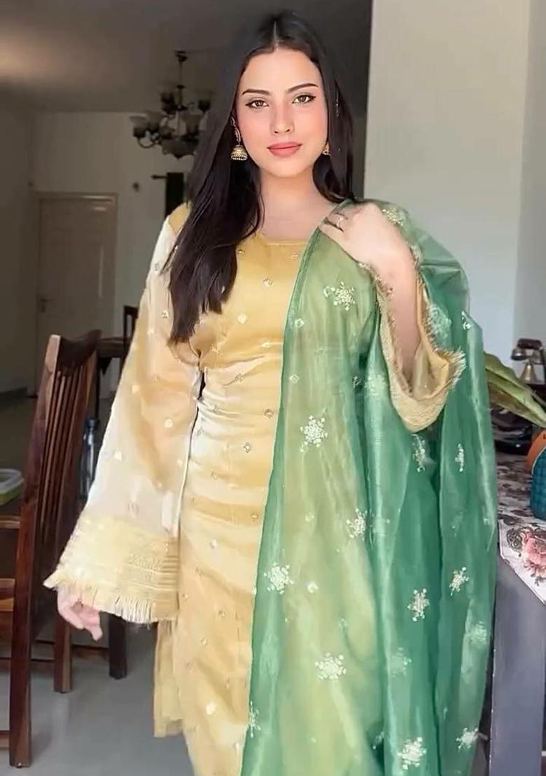 Cream Solid Blended Kurta Set - Indya