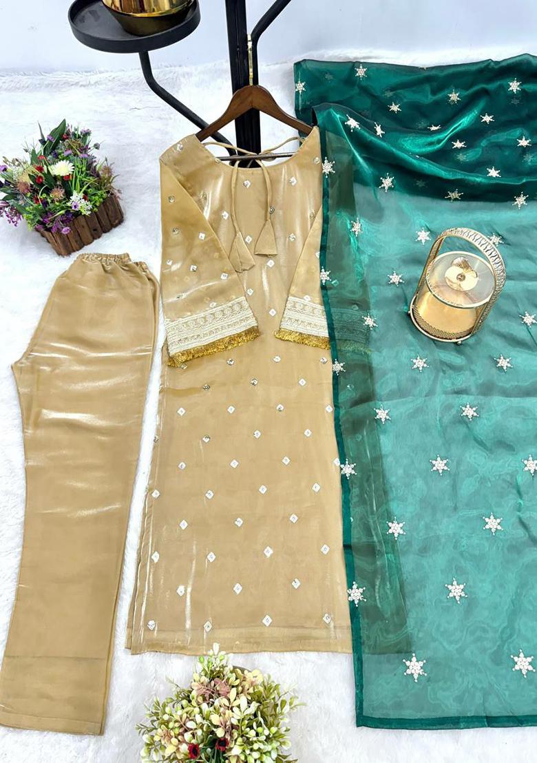 Cream Solid Blended Kurta Set - Indya