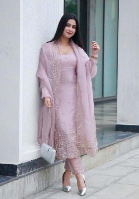 Pink Embroidery Blended Kurta Set