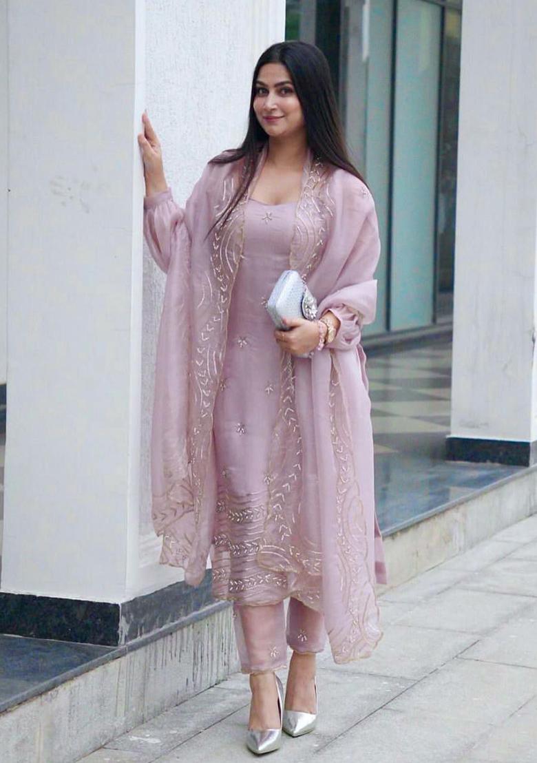 Pink Embroidery Blended Kurta Set - Indya