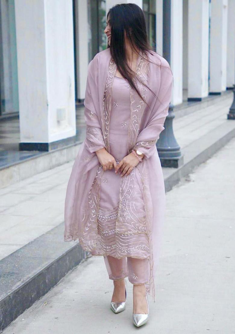 Pink Embroidery Blended Kurta Set - Indya