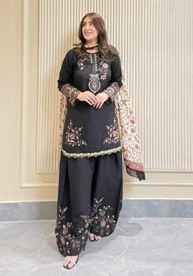 Black Embroidery Blended Kurta Set
