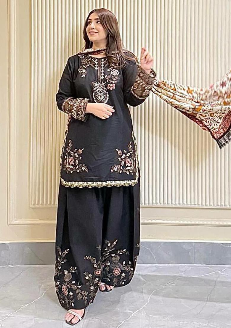 Black Embroidery Blended Kurta Set - Indya