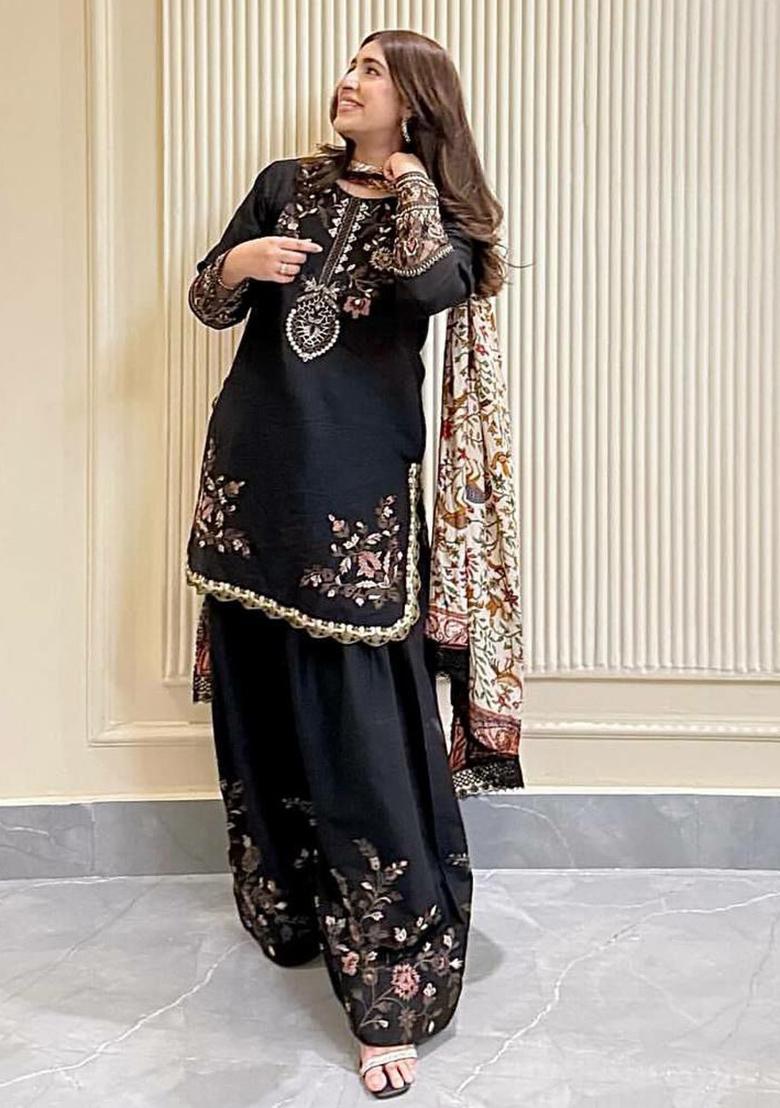 Black Embroidery Blended Kurta Set - Indya