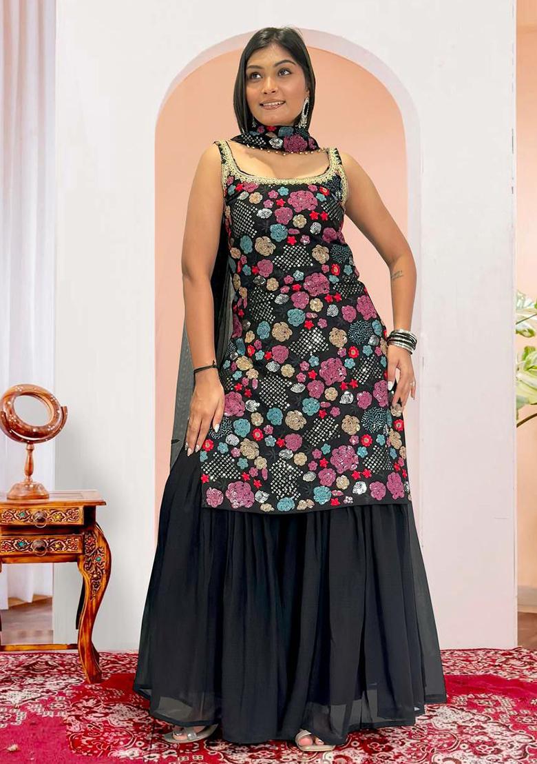 Black Embroidery Blended Kurta Set - Indya