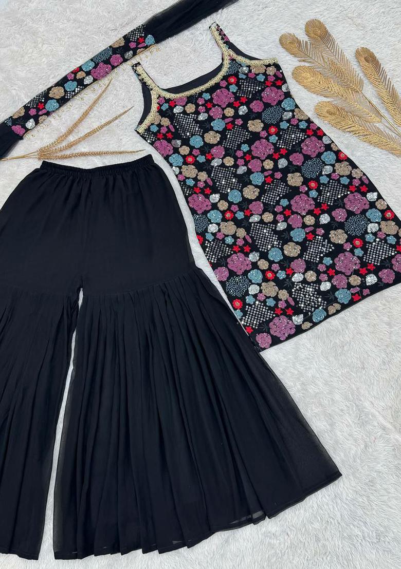 Black Embroidery Blended Kurta Set - Indya