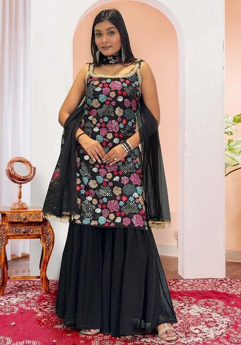 Black Embroidery Blended Kurta Set
