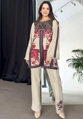 Off White Printed Blended Kurta Set