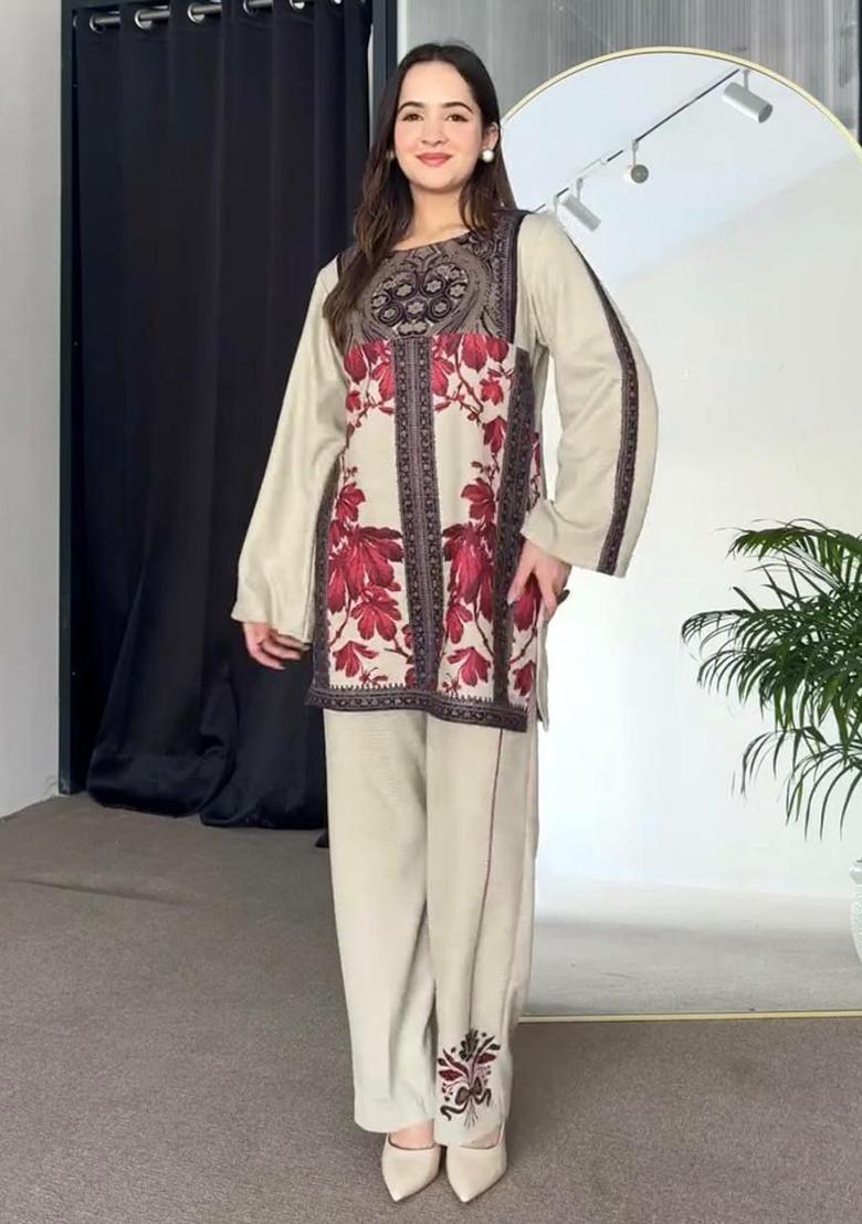 Off White Printed Blended Kurta Set - Indya