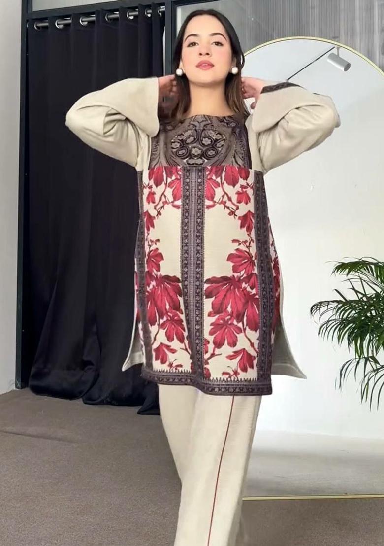 Off White Printed Blended Kurta Set - Indya
