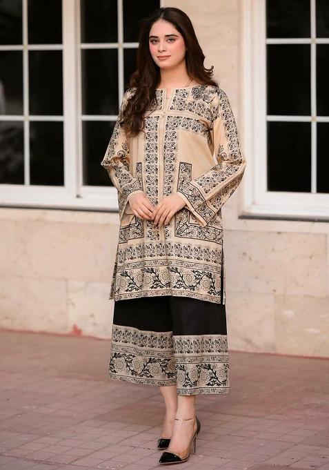 Off White Printed Blended Kurta Set