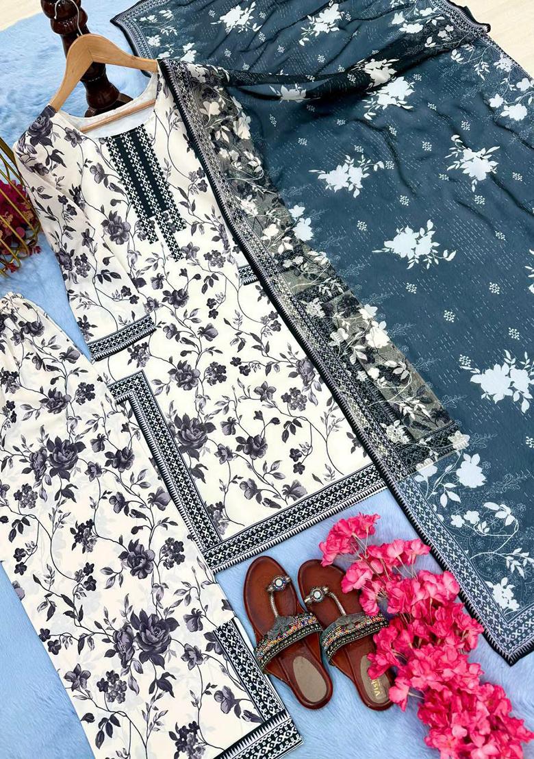 White Printed Blended Kurta Set - Indya