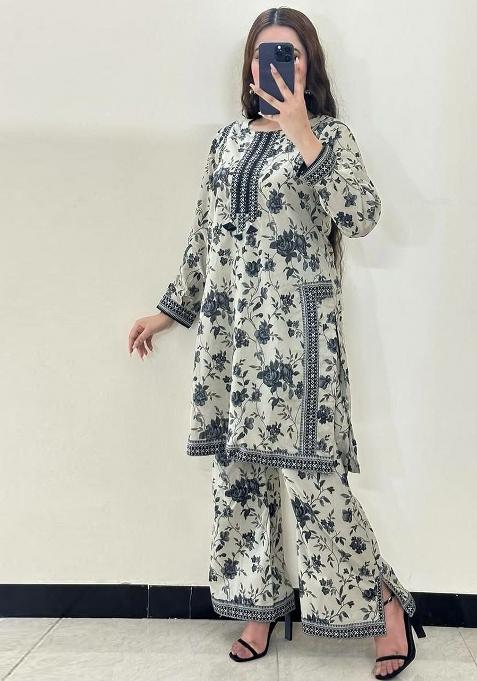 White Printed Blended Kurta Set