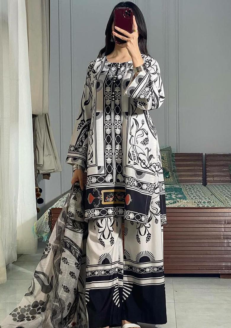 White Printed Blended Kurta Set - Indya