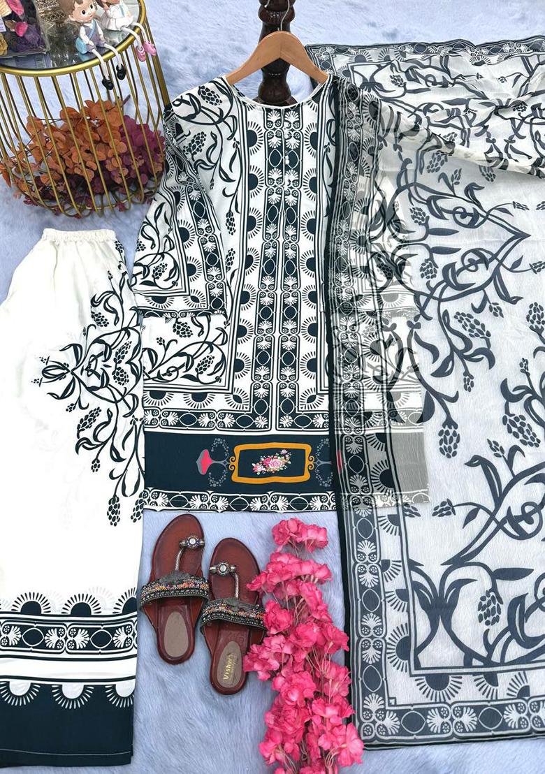 White Printed Blended Kurta Set - Indya